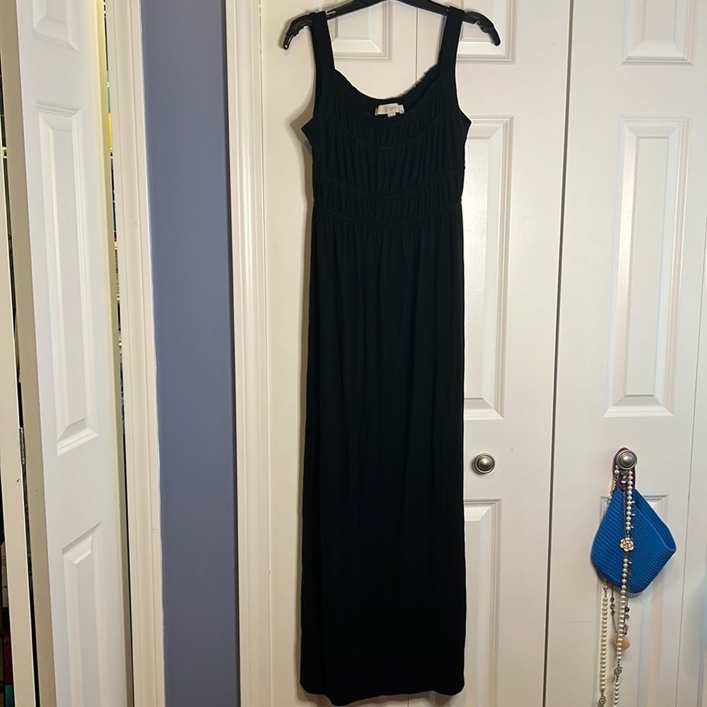 Loft Black Jersey Tank Maxi Dress Smockef Bodice Size MP